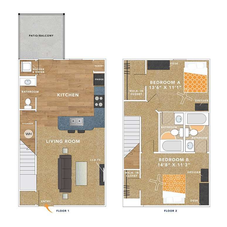 2 Bedroom & 2½ Bath Townhouse Floorplan