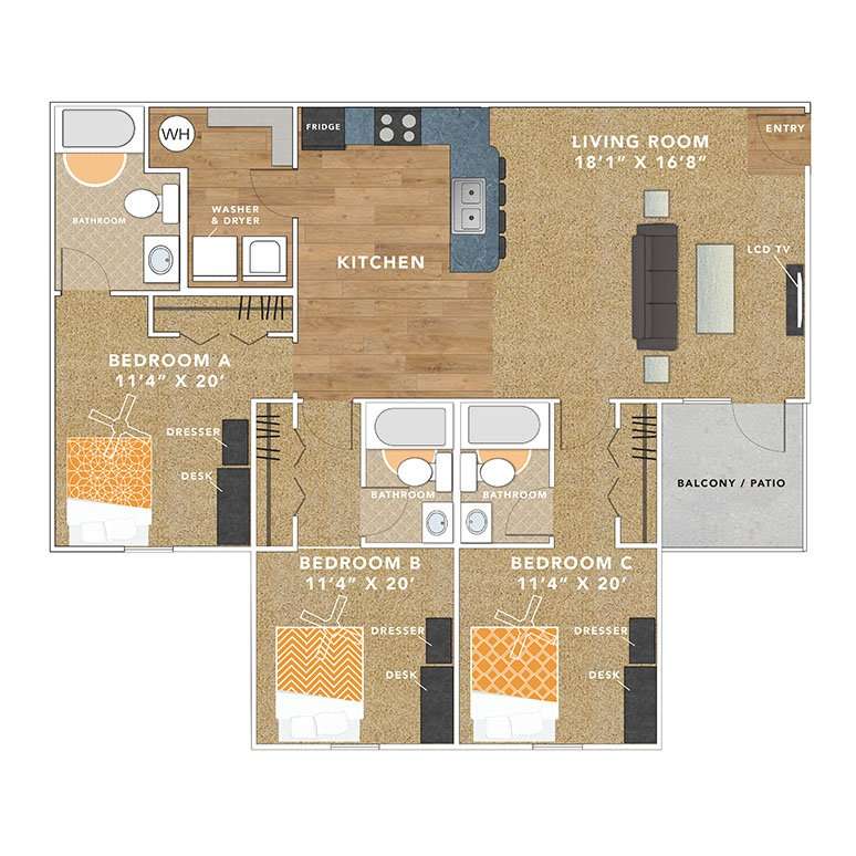 3 Bedroom & 3 Bath Apartment Floorplan