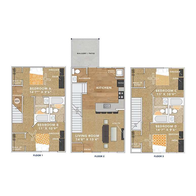 4 Bedroom & 4½ Bath Townhouse Apartment Floorplan